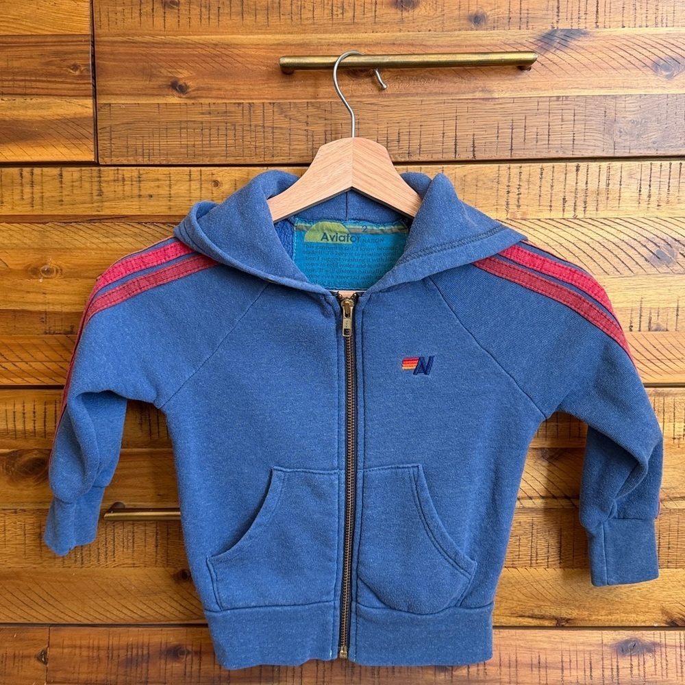 Aviator Nation Kids Blue Zip-Up Hoodie with Red Stripe - Picture 2 of 5